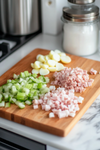 A close-up shot of a wooden cutting board placed on a white marble cooktop, showcasing finely chopped ham, hard-boiled egg, onion, and celery neatly arranged in separate piles. A sharp chef’s knife rests beside the ingredients, ready for use.