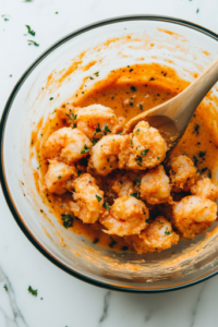 A large glass mixing bowl on a white marble cooktop, filled with crispy fried shrimp being tossed in vibrant Bang Bang sauce with a wooden spoon, ensuring each piece is fully coated