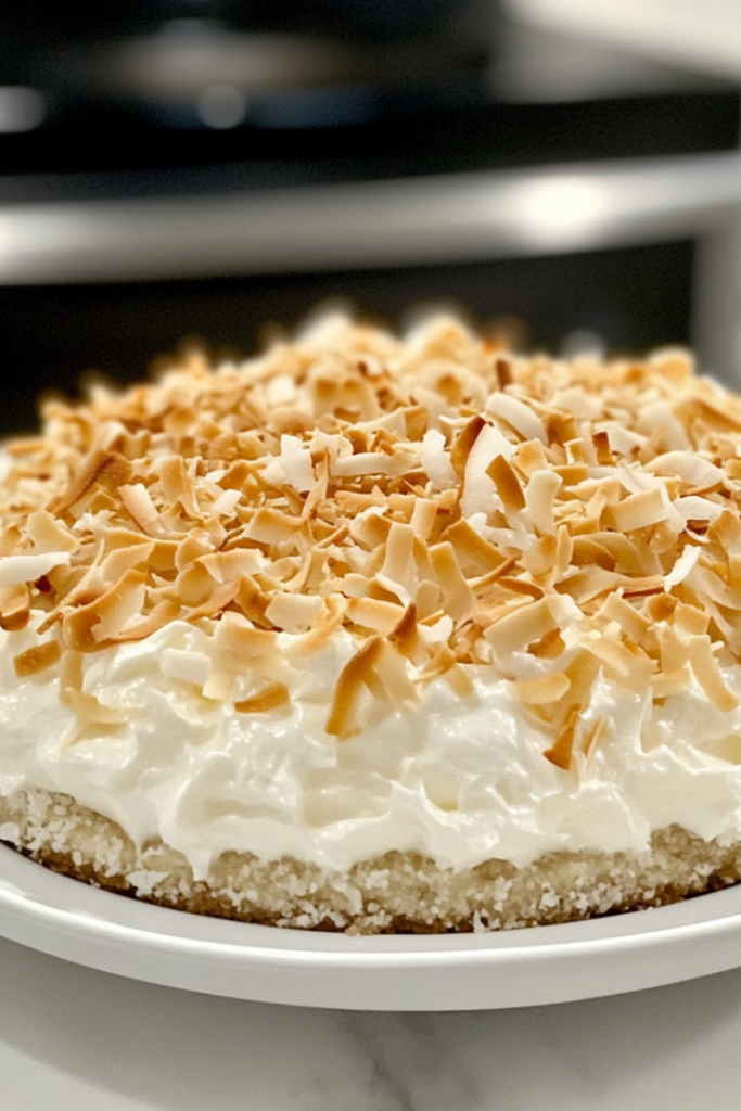 The finished coconut cream pie, chilled and ready to serve, garnished with coconut shavings and placed on a decorative plate on the white marble cooktop.