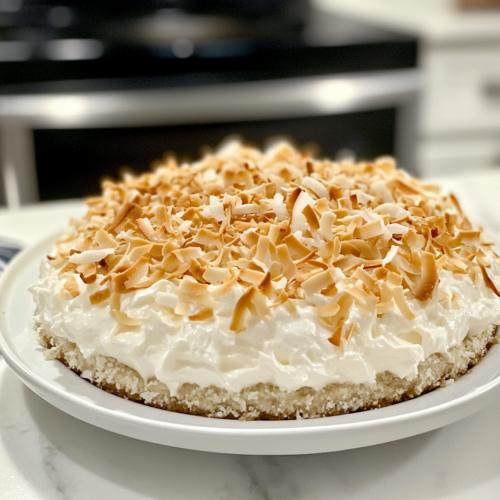 The finished coconut cream pie, chilled and ready to serve, garnished with coconut shavings and placed on a decorative plate on the white marble cooktop.