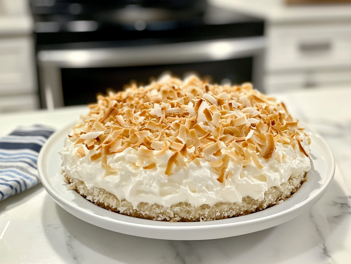 The finished coconut cream pie, chilled and ready to serve, garnished with coconut shavings and placed on a decorative plate on the white marble cooktop.
