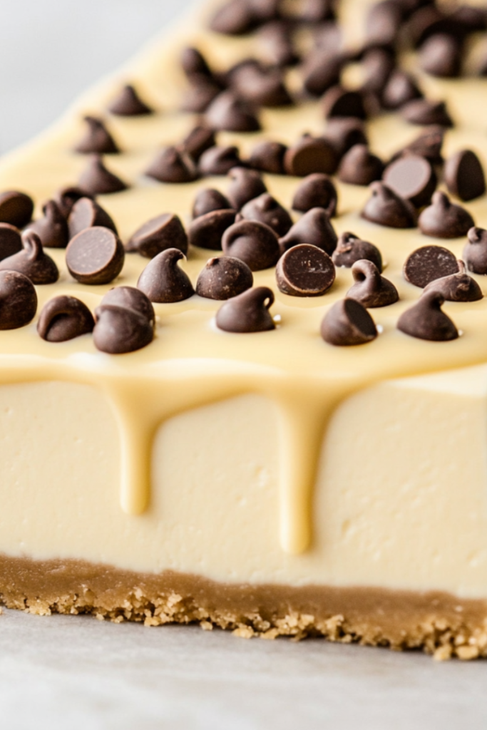 Close-up shot of smooth chocolate ganache being poured over the chilled cheesecake, creating a glossy, rich topping. The cheesecake is ready for a final chill before serving