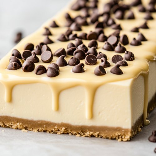 Close-up shot of smooth chocolate ganache being poured over the chilled cheesecake, creating a glossy, rich topping. The cheesecake is ready for a final chill before serving