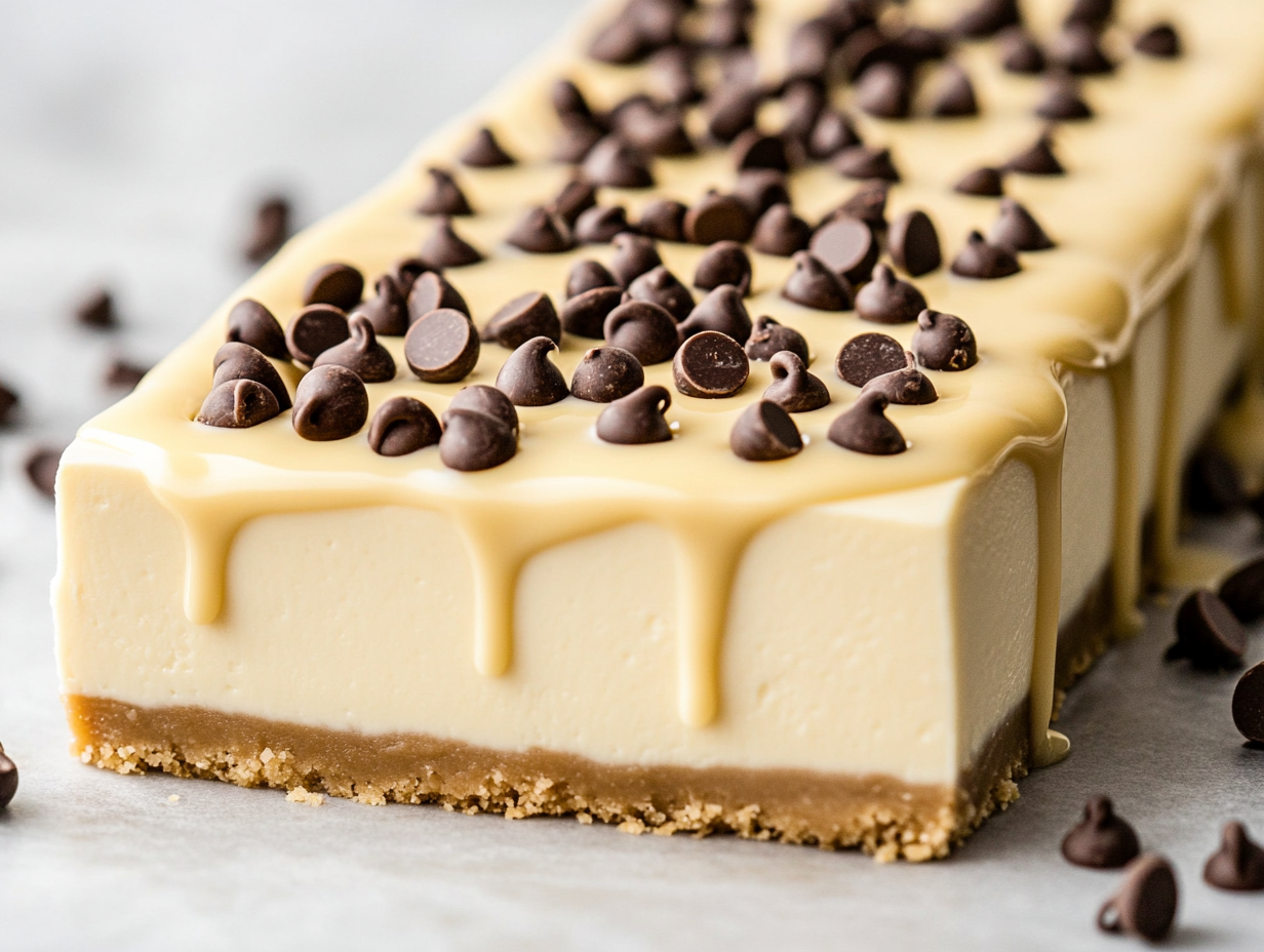 Close-up shot of smooth chocolate ganache being poured over the chilled cheesecake, creating a glossy, rich topping. The cheesecake is ready for a final chill before serving