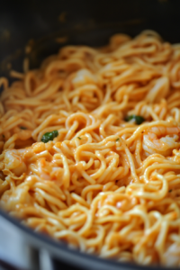 A large pot filled with cooked spaghetti being tossed in the creamy, spicy Bang Bang sauce, coating the noodles evenly. The shrimp are mixed in, making the dish vibrant and appetizing