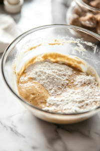 A close-up shot of the wet mixture being gradually incorporated into the dry ingredients in the glass mixing bowl on the white marble cooktop. A silicone spatula gently folds the batter together, forming a thick and slightly sticky dough.