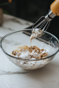 "A bowl with flour, baking powder, baking soda, salt, and cinnamon being whisked together for an even blend."