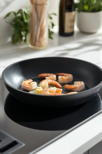 Close-up shot of the same black skillet on the white marble cooktop, with shrimp being added to melted butter. The shrimp sizzle and begin to turn pink, seasoned with salt and pepper.