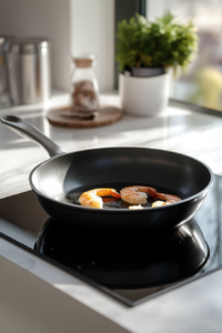 Shrimp sizzling in a skillet with olive oil, cooking for 45 seconds on each side until they turn pink.