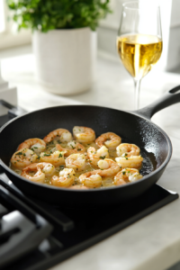 Close-up shot of the same black cast-iron skillet on the white marble cooktop, now filled with plump shrimp sizzling in the garlicky butter. The shrimp are just starting to turn opaque as they cook