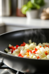 Close-up shot of a black skillet on the white marble cooktop, heating olive oil. Diced onion, red pepper, minced garlic, and freshly grated ginger are sautéing, softening into a fragrant mixture