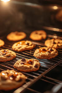 A close-up shot of cookies baking in the oven, seen through the glass oven door. The dough is slowly spreading, and the caramel pieces are beginning to melt. The cookies' edges are turning golden brown, indicating they are nearly done.
