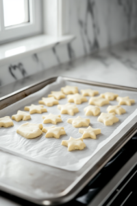 A parchment-lined baking sheet on the white marble cooktop, with evenly spaced shortbread cookie shapes ready to be baked. The dough appears smooth and delicate
