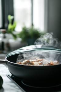 A close-up shot of a black skillet on a white marble cooktop, now covered with a glass lid. Steam rises from the edges, indicating the chicken is cooking on low heat to ensure it remains juicy and tender.