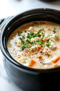 A close-up shot of bite-sized pieces of refrigerated biscuits floating on top of the thickened chicken and vegetable mixture inside the black crockpot on the white marble cooktop. Steam rises as the biscuits cook, turning soft, fluffy, and golden. Fresh parsley is sprinkled on top, adding a final touch of color and freshness, ready to serve.