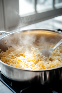 A stainless steel pot sits on a white marble cooktop, filled with boiling water. Egg noodles are being added, with steam rising as they begin to soften. A slotted spoon rests on the side, ready for stirring.