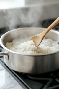 A stainless steel saucepan sits on a white marble cooktop, filled with boiling water. A wooden spoon stirs instant rice into the bubbling water, with steam rising, indicating it's cooking perfectly.