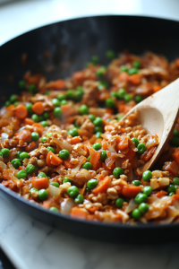 The large black skillet on the white marble cooktop now contains minced garlic, thawed peas, and diced carrots added to the sautéed onions. The vegetables are bright and glistening as a wooden spoon mixes them evenly.