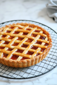 The tart is cooling on a wire rack on a white marble cooktop. The golden lattice and glossy jam filling are clearly visible.