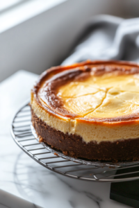 Close-up shot of the cheesecake resting in the oven with the door slightly open, cooling gradually to prevent cracks.