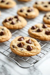 A close-up shot of freshly baked cookies cooling on a wire rack over the white marble cooktop. The golden-brown cookies are studded with melted chocolate chips, with a crisp outer layer and soft center, ready to be enjoyed.
