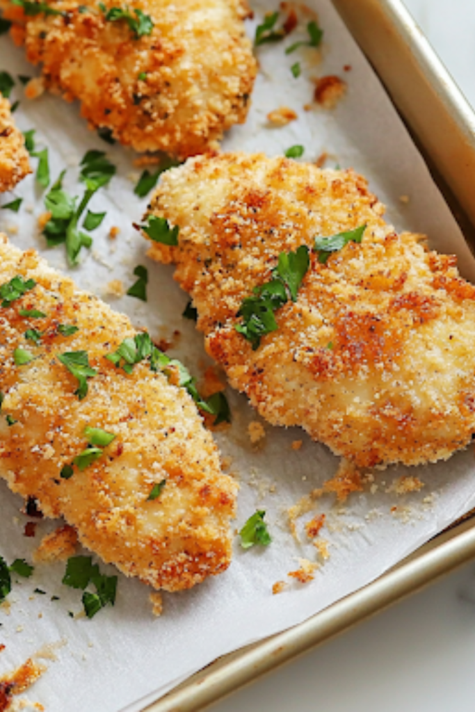 Freshly baked ranch chicken tenders rest on the parchment-lined baking sheet on the white marble cooktop. Their golden, crispy coating looks perfectly done, accompanied by a small dish of dipping sauce for serving.