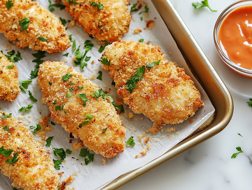Freshly baked ranch chicken tenders rest on the parchment-lined baking sheet on the white marble cooktop. Their golden, crispy coating looks perfectly done, accompanied by a small dish of dipping sauce for serving.