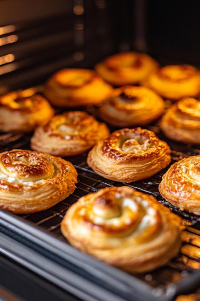 Golden brown crescent roll danishes fresh out of the oven, with the cream cheese filling set in the center