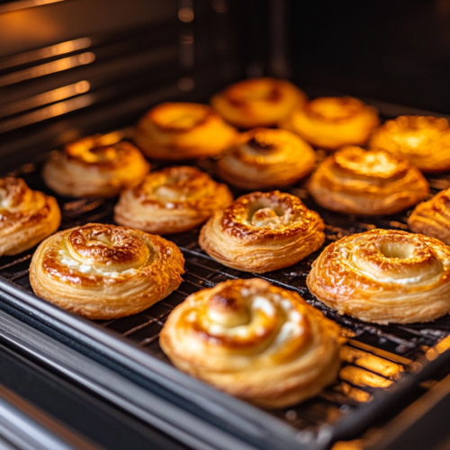 Golden brown crescent roll danishes fresh out of the oven, with the cream cheese filling set in the center