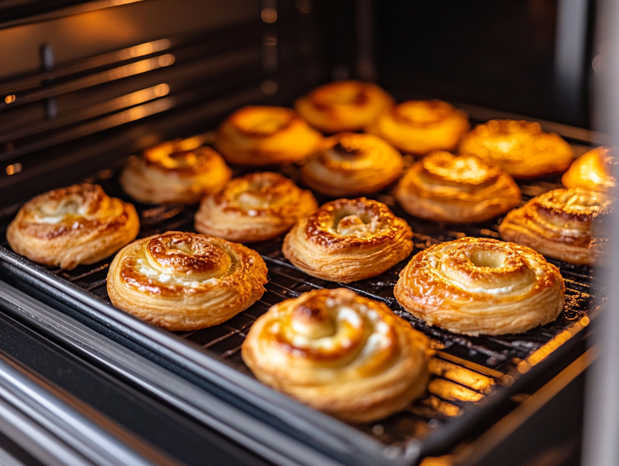 Golden brown crescent roll danishes fresh out of the oven, with the cream cheese filling set in the center