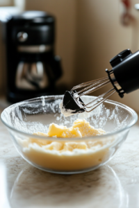 A glass mixing bowl on a white marble cooktop, filled with softened unsalted butter and powdered sugar. A hand mixer rests inside, ready to cream the ingredients together