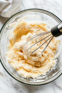 A close-up shot of another glass mixing bowl on the white marble cooktop, where softened unsalted butter, brown sugar, and white sugar are being creamed together with a hand mixer. The mixture appears light and fluffy, indicating that air has been incorporated for a soft cookie texture.
