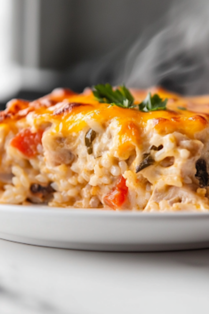 A serving spoon lifts a generous portion of cheesy chicken and rice bake from the glass baking dish. Layers of melted cheese, creamy rice, and tender chicken are visible, with steam rising, showing it's hot and ready to be enjoyed.