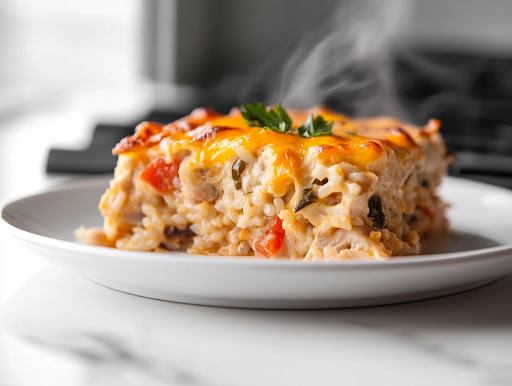 A serving spoon lifts a generous portion of cheesy chicken and rice bake from the glass baking dish. Layers of melted cheese, creamy rice, and tender chicken are visible, with steam rising, showing it's hot and ready to be enjoyed.
