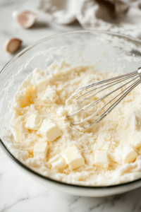 A large glass mixing bowl sits on a white marble cooktop, filled with softened cream cheese, cubed butter, cream of chicken soup, minced garlic, Italian dressing mix, and chicken stock. A whisk is actively stirring the ingredients, creating a smooth and creamy sauce.