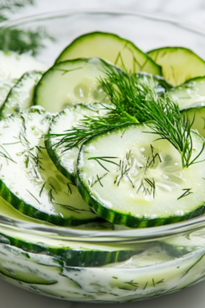 A close-up shot of the finished creamy cucumber salad served in a white ceramic bowl on the white marble cooktop, with flecks of fresh dill and a silky dressing glistening on the crisp cucumber slices, making it look refreshing and ready to be enjoyed.