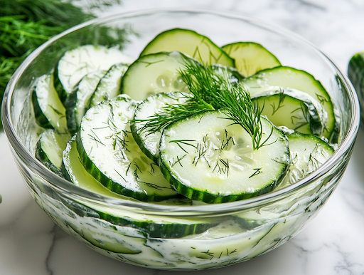 A close-up shot of the finished creamy cucumber salad served in a white ceramic bowl on the white marble cooktop, with flecks of fresh dill and a silky dressing glistening on the crisp cucumber slices, making it look refreshing and ready to be enjoyed.
