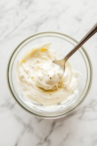 A close-up of a small glass bowl on the white marble countertop, where a spoon stirs together sour cream, mayonnaise, apple cider vinegar, salt, and pepper into a smooth and creamy dressing.