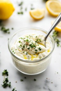 A small glass mixing bowl on a white marble cooktop, as a spoon stirs together sour cream, mayo, apple cider vinegar, and a packet of sweetener. The creamy dressing is smooth and well-mixed, ready to coat the salad.