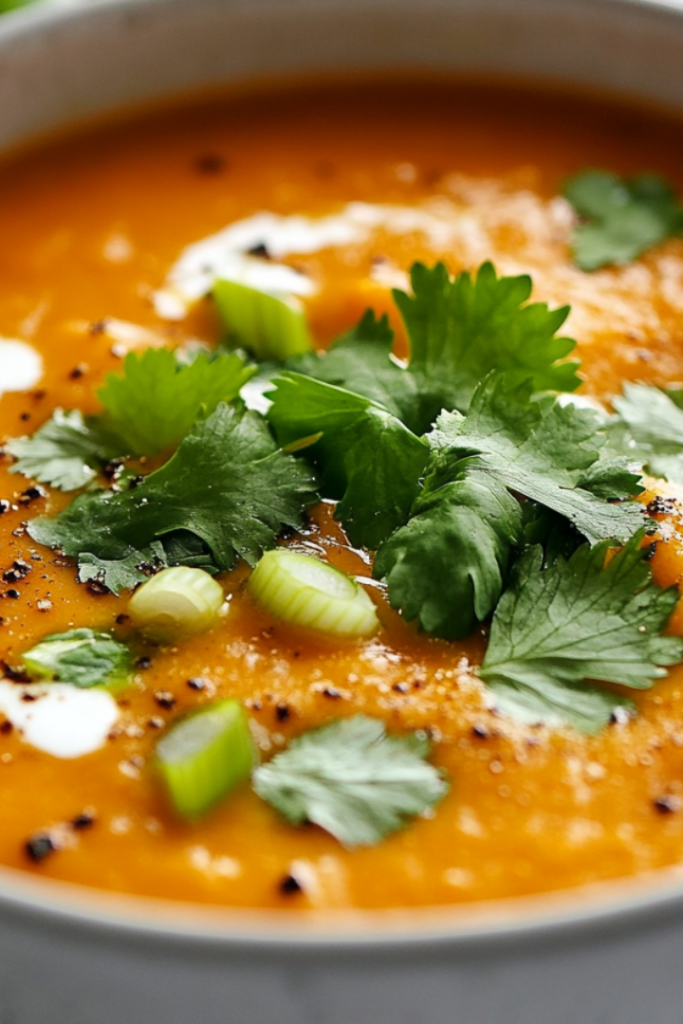 A bowl of creamy sweet corn chowder on a white marble countertop, garnished with fresh cilantro, sliced scallions, and a swirl of sour cream or crumbled goat cheese. A spoon rests beside the bowl, ready to dig in.