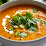 A bowl of creamy sweet corn chowder on a white marble countertop, garnished with fresh cilantro, sliced scallions, and a swirl of sour cream or crumbled goat cheese. A spoon rests beside the bowl, ready to dig in.
