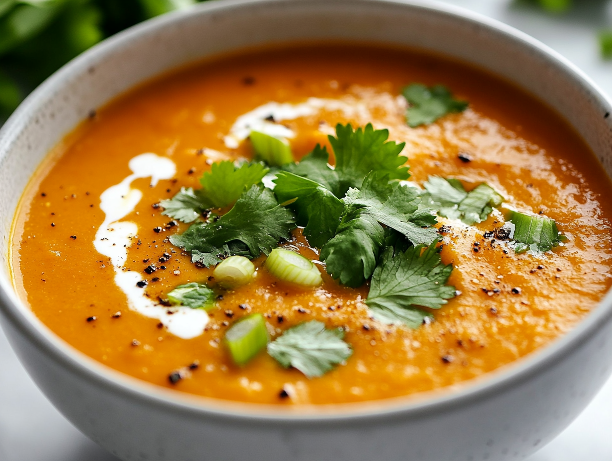 A bowl of creamy sweet corn chowder on a white marble countertop, garnished with fresh cilantro, sliced scallions, and a swirl of sour cream or crumbled goat cheese. A spoon rests beside the bowl, ready to dig in.