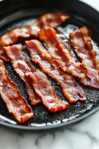 Crispy bacon sizzles in a black skillet over the white marble cooktop. The strips are golden brown and glistening with rendered fat, ready to be crumbled into the salad.