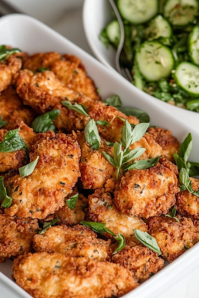 A serving platter filled with crispy, golden fried chicken, garnished with fresh herbs. The platter sits on the white marble cooktop, accompanied by a bowl of Crockpot Green Bean Casserole and a fresh Cucumber Salad, ready to be served