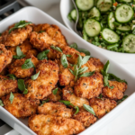 A serving platter filled with crispy, golden fried chicken, garnished with fresh herbs. The platter sits on the white marble cooktop, accompanied by a bowl of Crockpot Green Bean Casserole and a fresh Cucumber Salad, ready to be served
