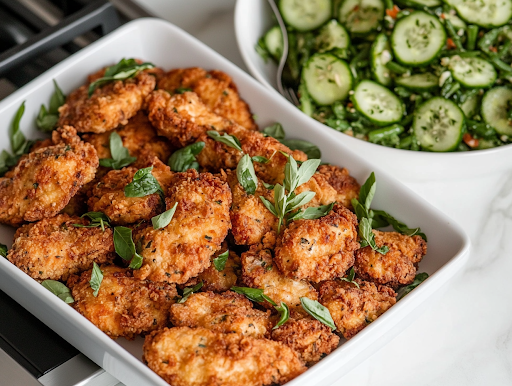 A serving platter filled with crispy, golden fried chicken, garnished with fresh herbs. The platter sits on the white marble cooktop, accompanied by a bowl of Crockpot Green Bean Casserole and a fresh Cucumber Salad, ready to be served