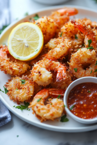 A close-up shot of a plate of crispy keto coconut shrimp, beautifully arranged with a side of tangy dipping sauce. A lemon wedge and fresh herbs garnish the plate, adding a vibrant touch. The shrimp's golden crust glistens under soft lighting, making the dish look restaurant-quality and ready to be enjoyed.