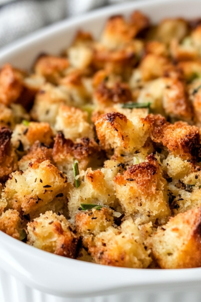 Cooked stuffing in a black slow cooker on a white marble cooktop, golden and fluffy, with a serving spoon ready to scoop