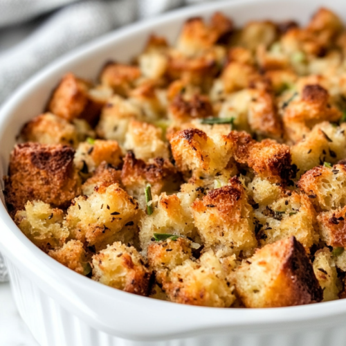 Cooked stuffing in a black slow cooker on a white marble cooktop, golden and fluffy, with a serving spoon ready to scoop