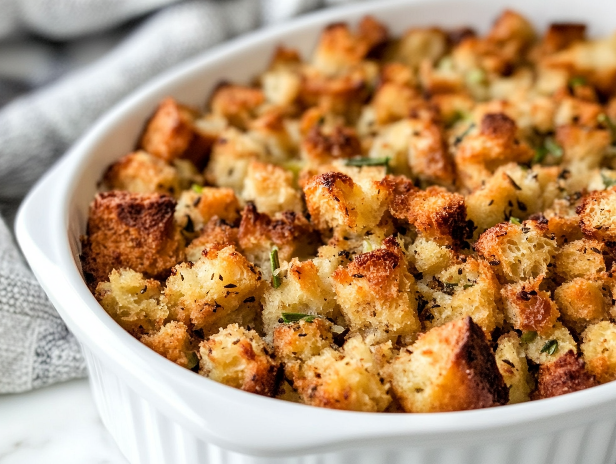 Cooked stuffing in a black slow cooker on a white marble cooktop, golden and fluffy, with a serving spoon ready to scoop
